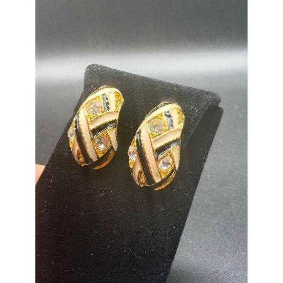 Fabulous Clip On Earrings Enamel and Rhinestones Dome Semi Hoop Chunky Gold Tone - Picture 3 of 5